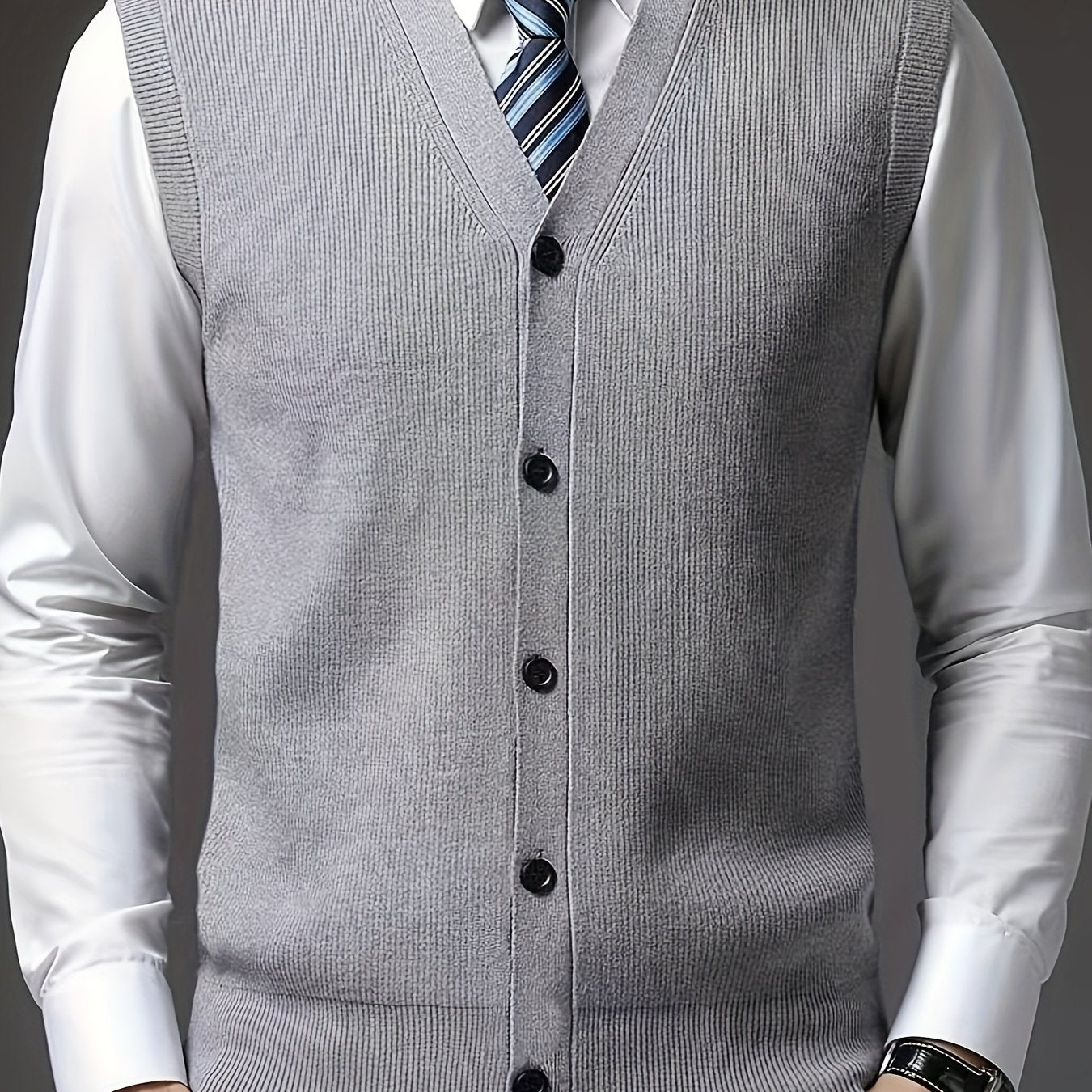 Men's solid color V-neck knitted vest for autumn and winter.