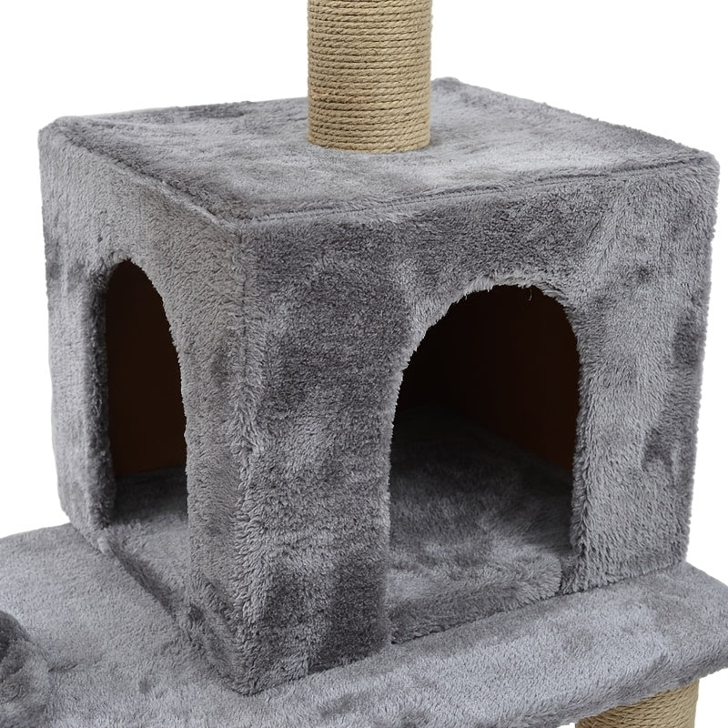 Multi-level cat tree with enclosed house, solid wood tower, sisal rope scratching posts, plush wrapped platforms, and interactive playhouse for cats. Great for durable and healthy paw care