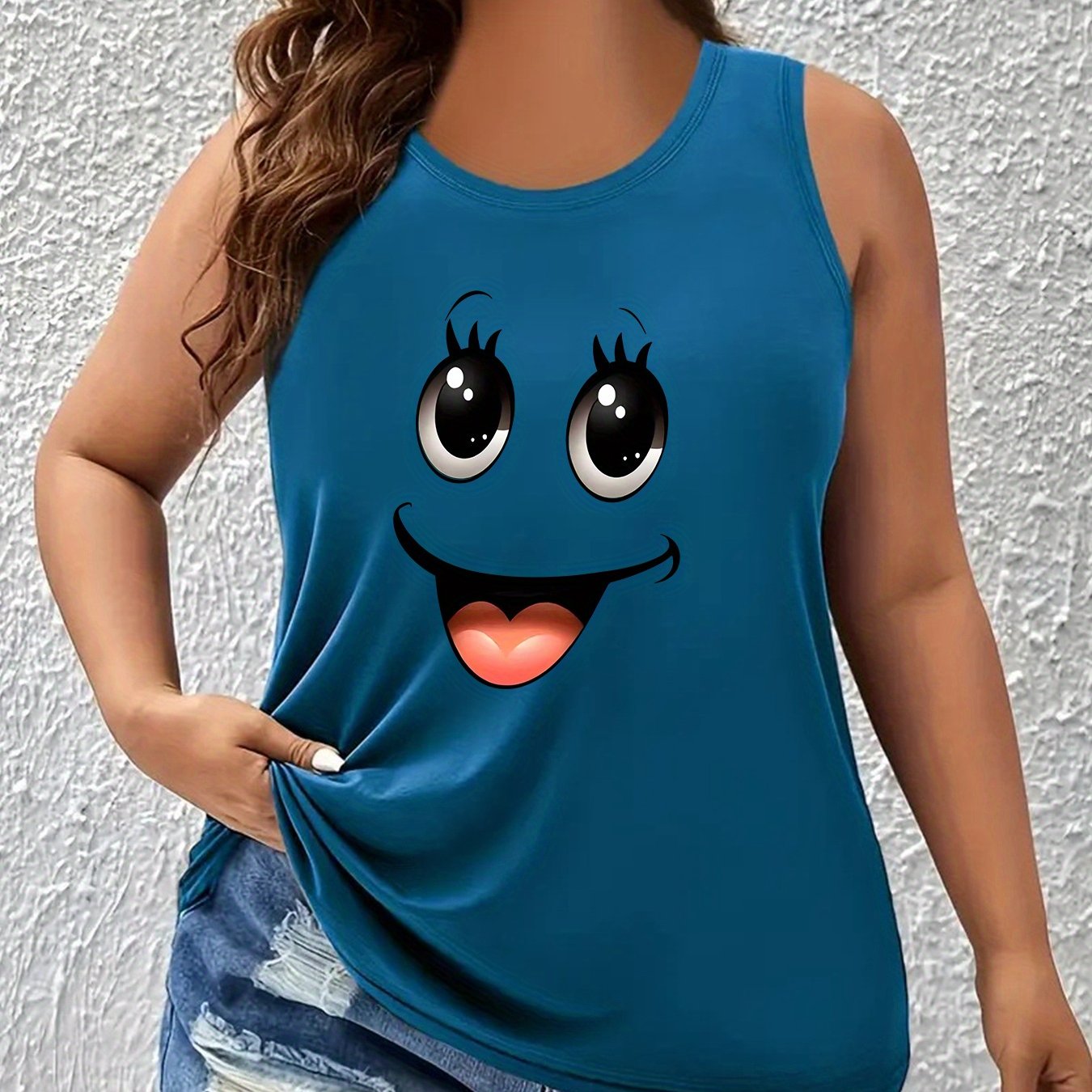 Plus size women's maroon tank top with joyful face print, sleeveless round neck design made from stretchy polyester blend. Machine washable.