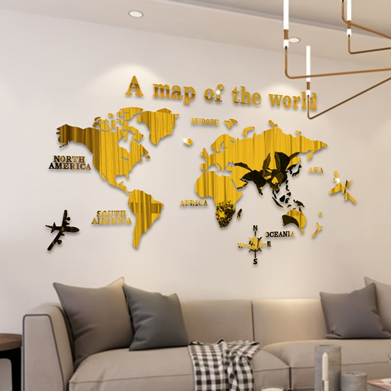 Bohemian style acrylic wall decor featuring "A Map of the World" with airplane and compass rose design. 1mm thick with adhesive backing. Ideal for classrooms, offices, bedrooms, and living