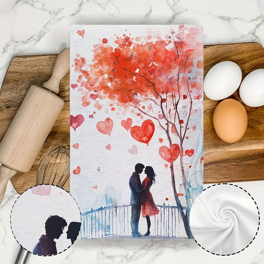 Set of 2 Romantic Valentine's Day Kitchen Towels - Made with Ultra Soft & Highly Absorbent Polyester, Size 40.64x60.96 cm, Easy to Clean in Washing Machine, Decorated with Embracing Couple & Heart Tree Design for Holiday Festive Touch