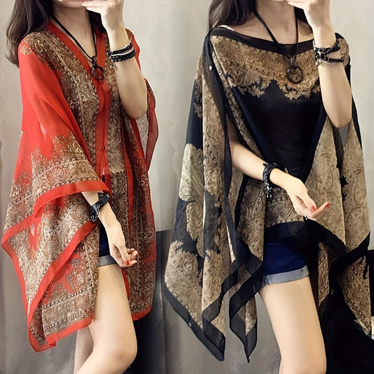 Bohemian style floral print chiffon shawl for women, a large-size beach cover-up with UV protection, perfect for vacation.