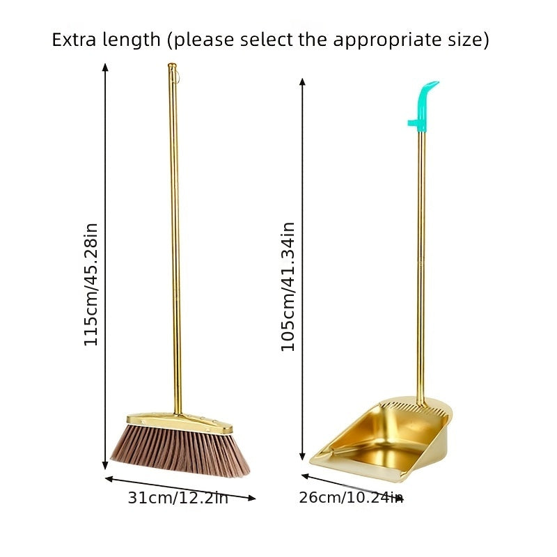 Elegant Gold Stainless Steel Broom and Dustpan Set - High Quality 2 Piece Set, Sturdy & Reinforced for Effective Home Cleaning - Ideal for Any Room in the House, Including Living Room, Bedroom, Bathroom, Kitchen, and Hardwood Floors.