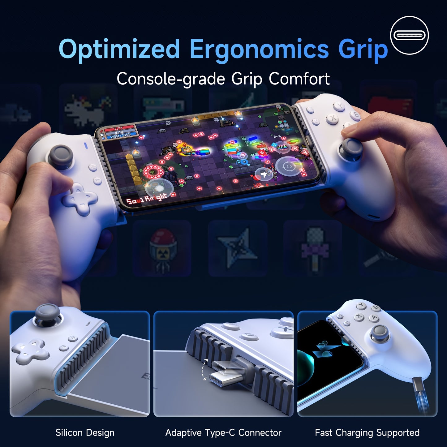 EasySMX M15 Mobile Gaming Controller is compatible with Android & iPhone 15 Series and later models. It features wireless BT connectivity, 6-level vibration feedback, advanced mechanical