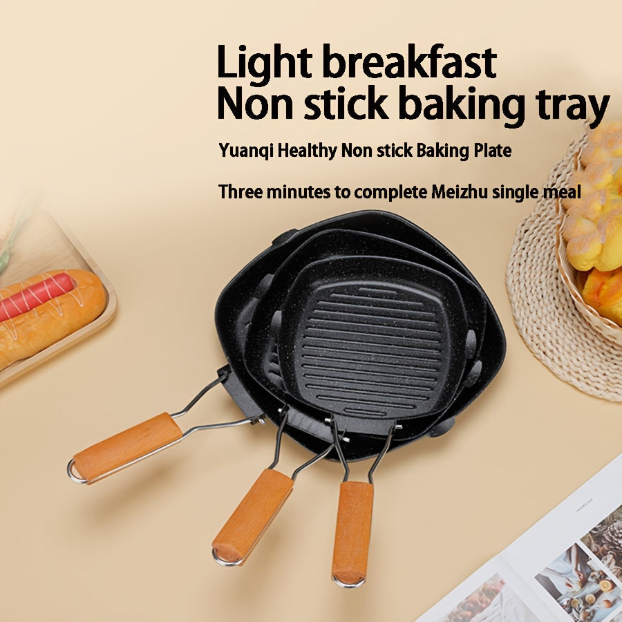 Meizhu Single Meal Cooking: Cast Iron Skillet Non-Stick Grill Pan with Wooden Handle - Oven Safe Griddle for Steaks and Breakfast, Perfect for Gas Stove Compatibility