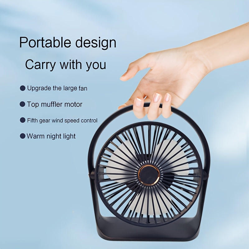 Portable USB rechargeable clip-on bench fan with nightlight, 5-speed settings, 720-degree rotation, quiet operation, washable blades, includes lithium battery, made of plastic material, comes with power cable for use indoors and outdoors.