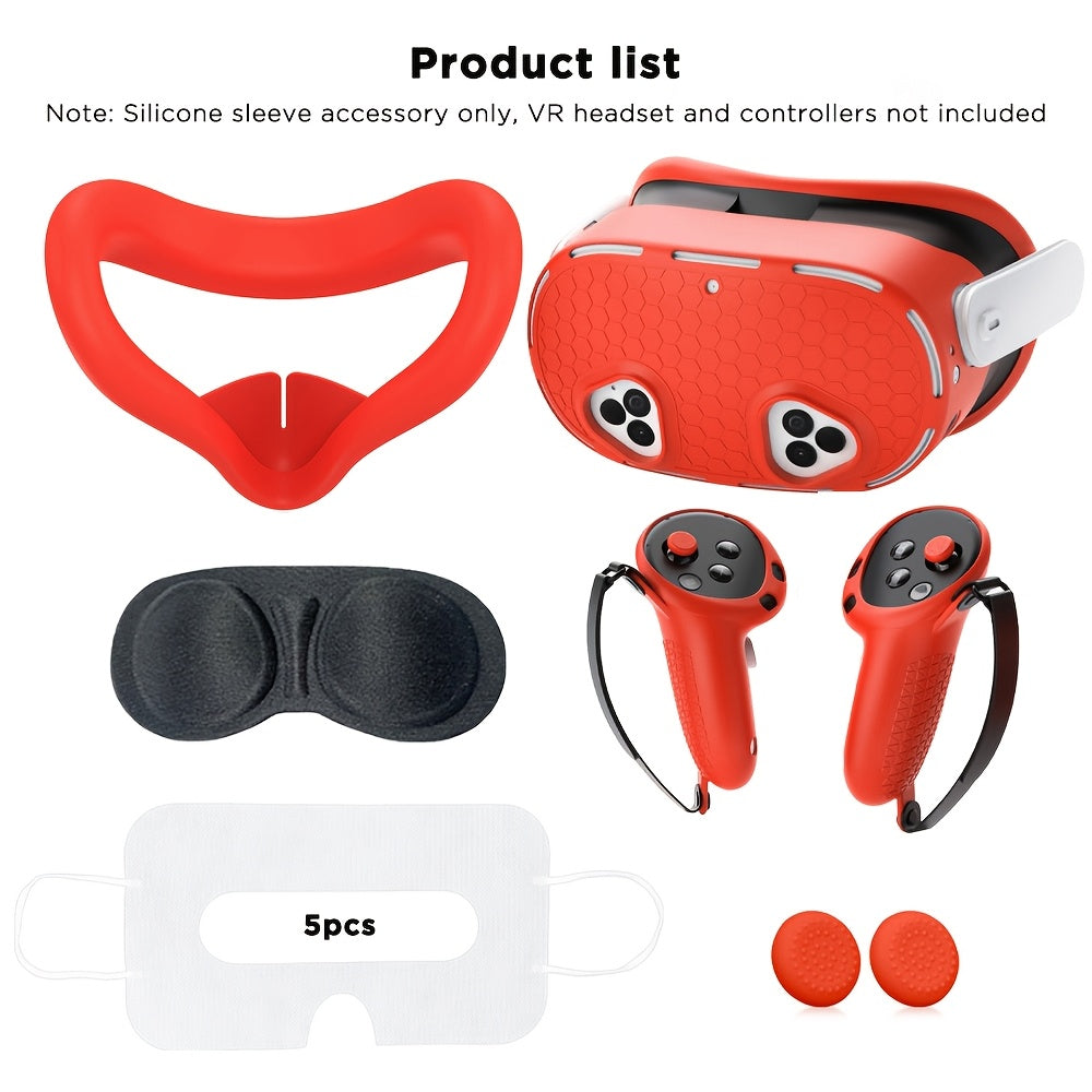 Silicone cover set for Meta Quest 3S, including face cover, controller grips, headset cover, and lens protective cover. Oculus Quest 3S accessories only (VR headset and controllers not