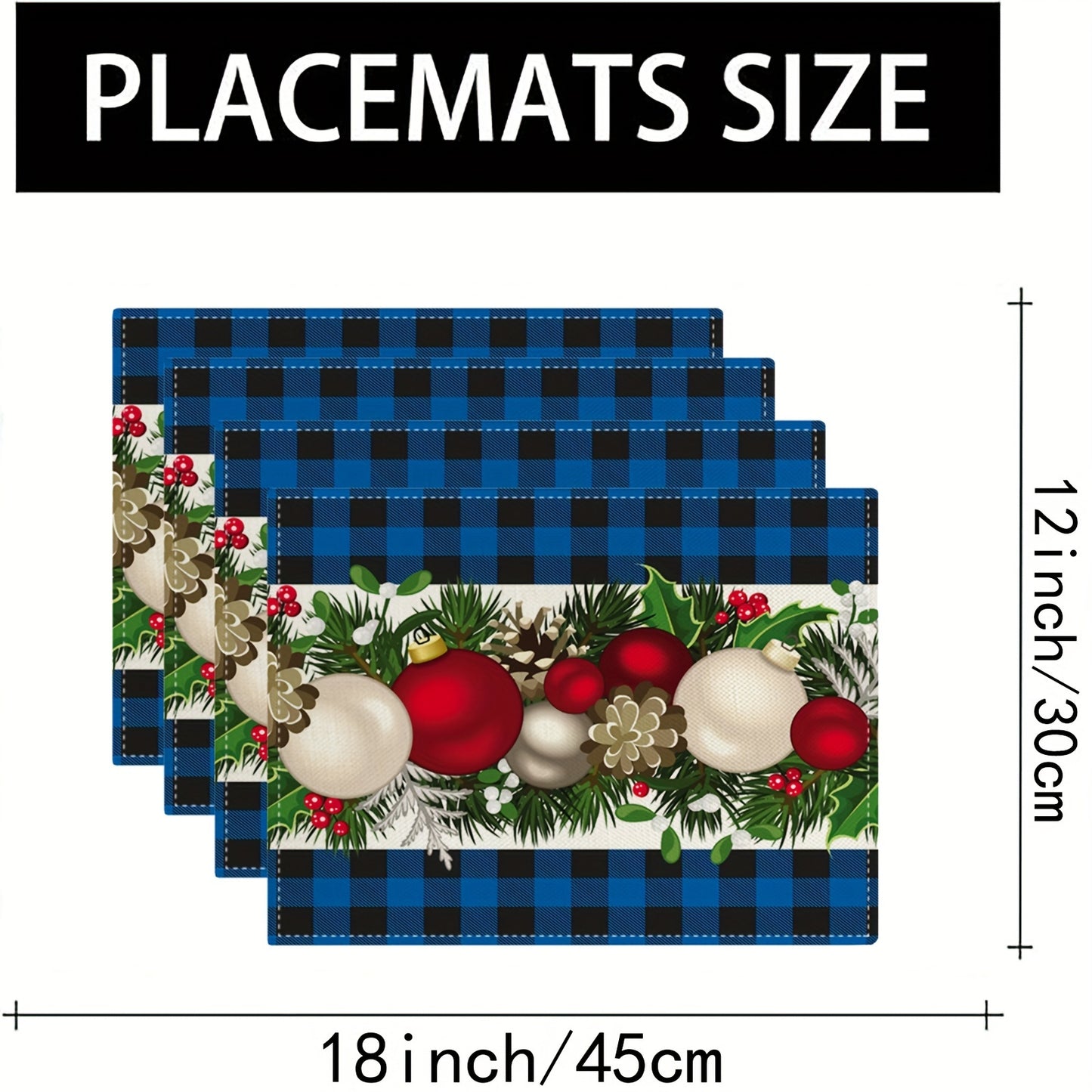 Farmhouse style Christmas placemats in red and black buffalo check plaid set of 4, measuring 30.48x45.72cm.