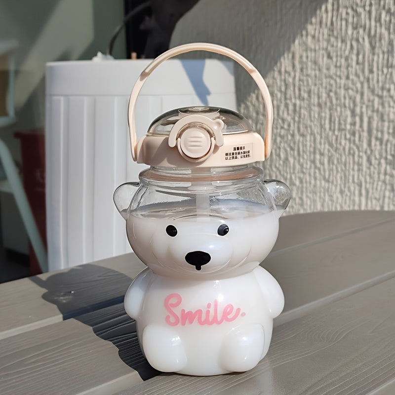 Cute Bear water bottle with straw, 1000ml capacity, leak-proof, made of PC material, hand wash only, PVC-free.