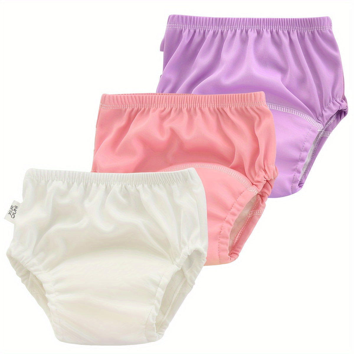 Soft and breathable polyester training pants set of 3 - Comfortable, washable underwear for potty training in a variety of colors: White, pink, purple, green, blue, yellow