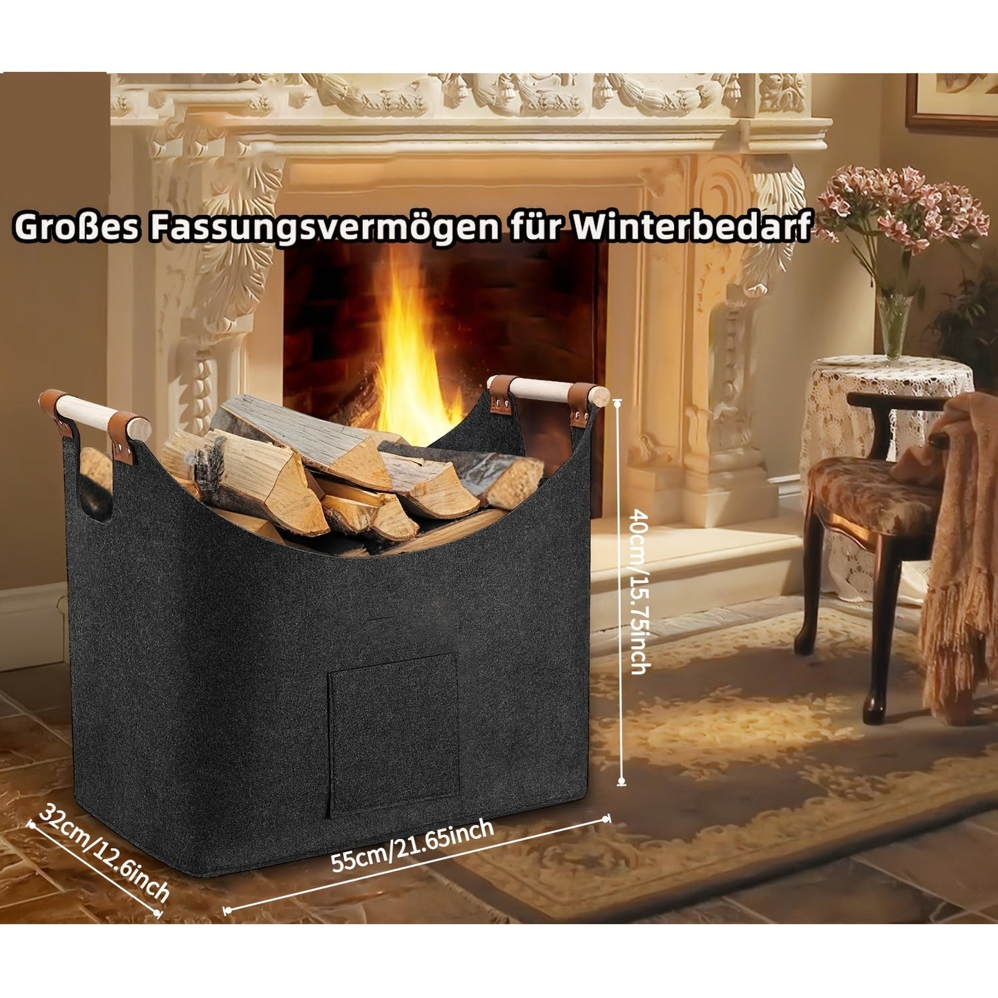 Extra large foldable fire basket made of thickened felt with a capacity of 55L, perfect for fireplaces. Features extended handles for easy carrying, doubles as a space-saving firewood and vegetable basket in dark gray color. Perfect for indoor wood