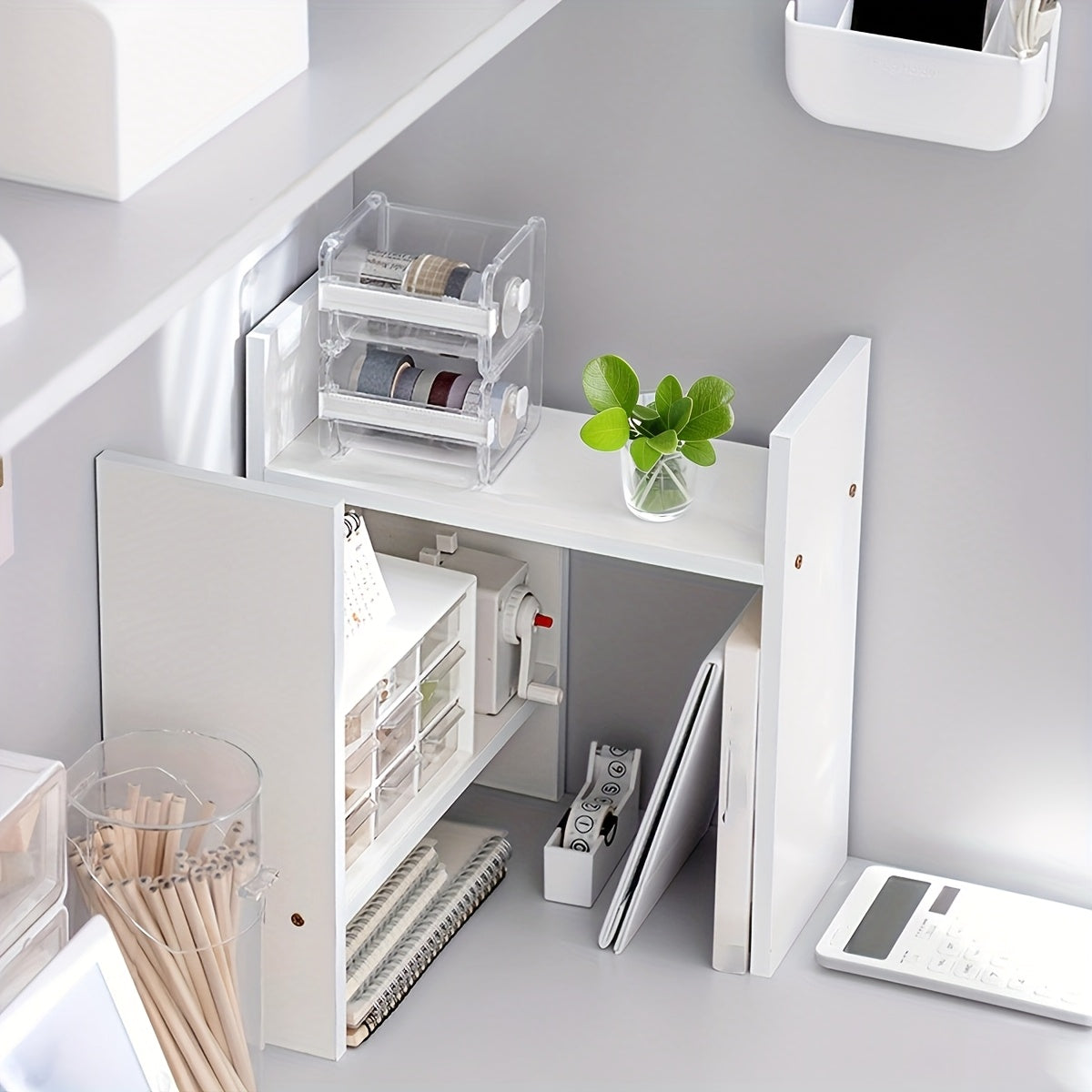 White wooden desk organizer with bookshelf for office and dorm storage; keeps workspace tidy.