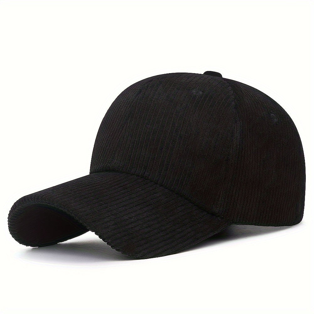 Striped corduroy baseball cap, adjustable snapback, breathable, machine washable, available in multiple colors.