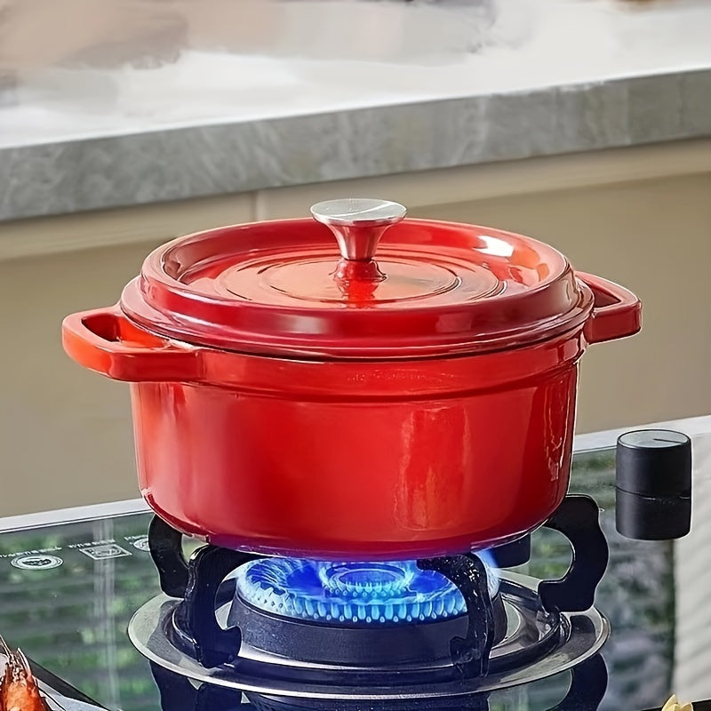 This Dutch oven is made of enameled cast iron and features convenient handles. It has a diameter of 18.2cm (7.16in), a height of 14cm (5.5in), a depth of 6.4cm (2.5in), and a capacity of 1.7kg. It is suitable for use on gas stoves.