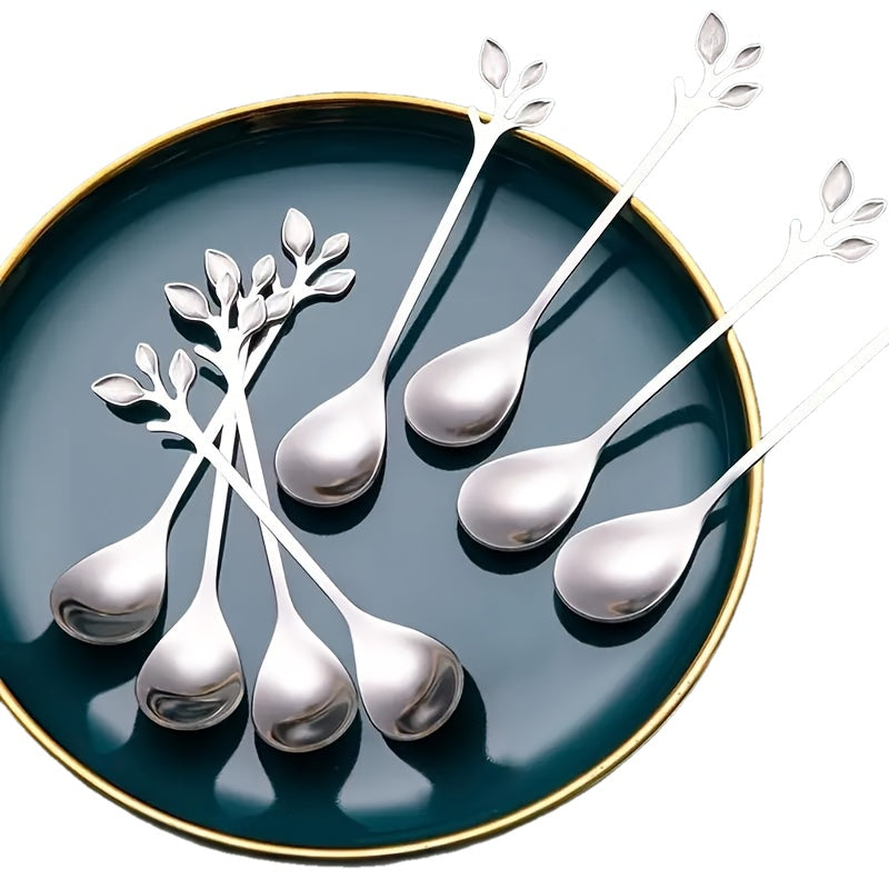 Set of 8 stainless steel coffee spoons with branch design, perfect for stirring dessert and ice cream. Durable, dishwasher safe, and restaurant-grade.