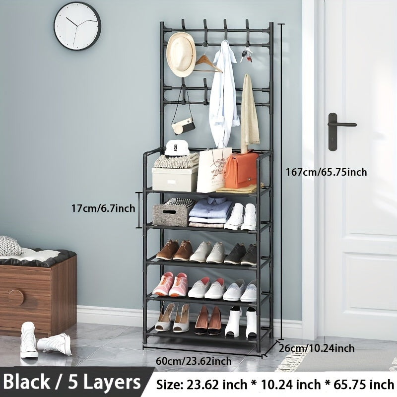 3-in-1 shoe rack with metal hooks and dust cloth, perfect for entrance, living room, or bedroom. Easy to assemble and move, provides sturdy storage.