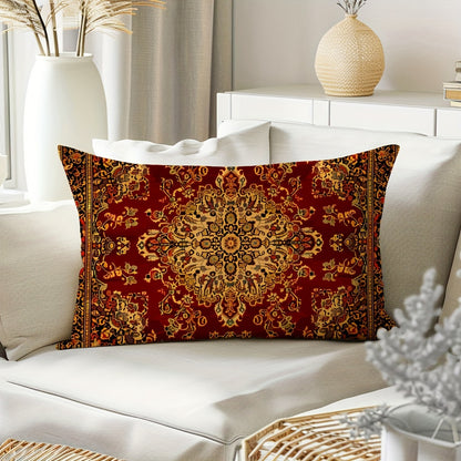 Geometric red tribal printed throw pillow cover in two sizes, perfect for home decor in living room or bedroom. Does not include pillow insert.