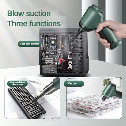 A versatile wireless vacuum cleaner with high power for suction, air extraction, and blowing in both car and home. Extended battery life, includes various accessories for dust and debris