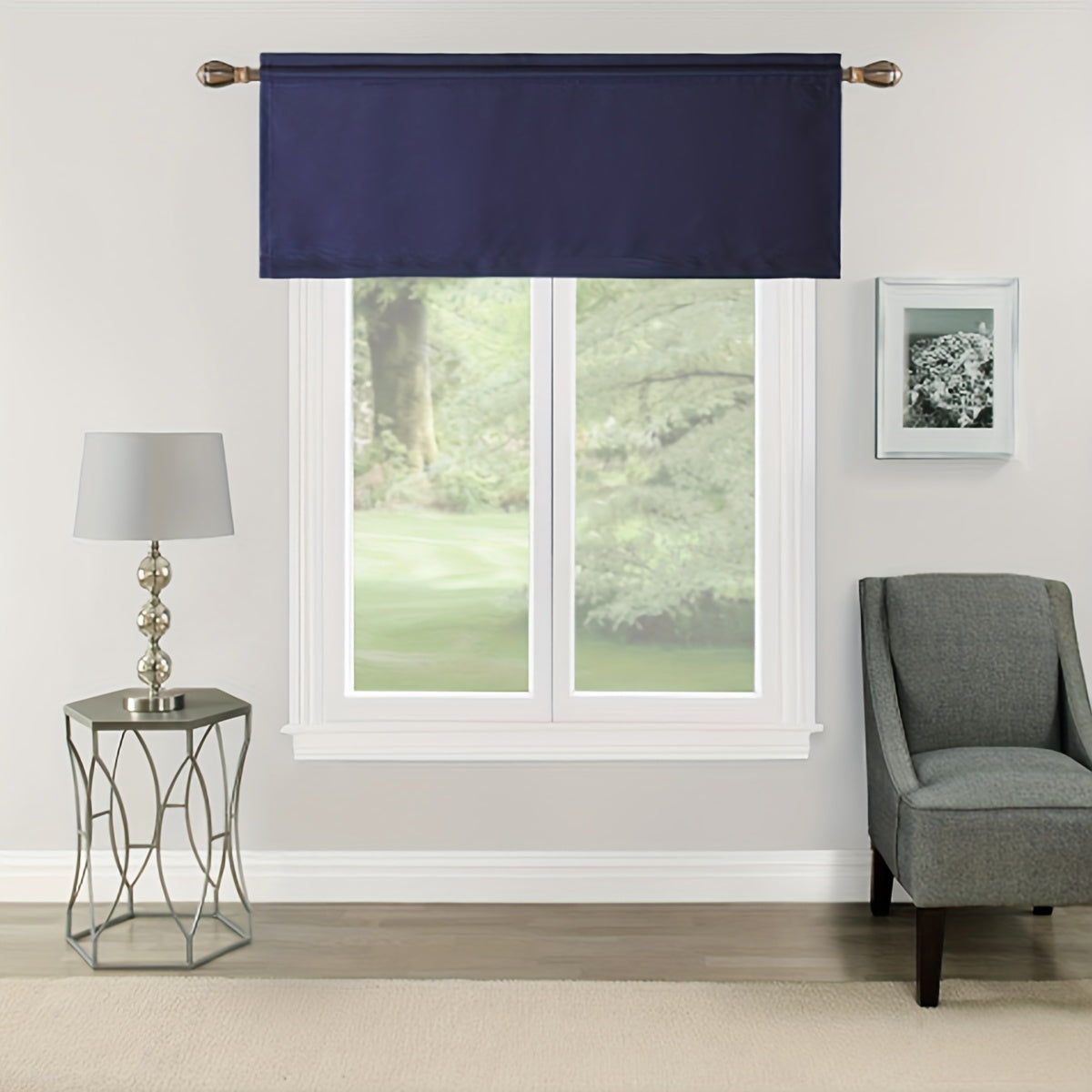 One piece of solid rod pocket valance curtain with a rod cover design suitable for use in the kitchen, bedroom, or bathroom.