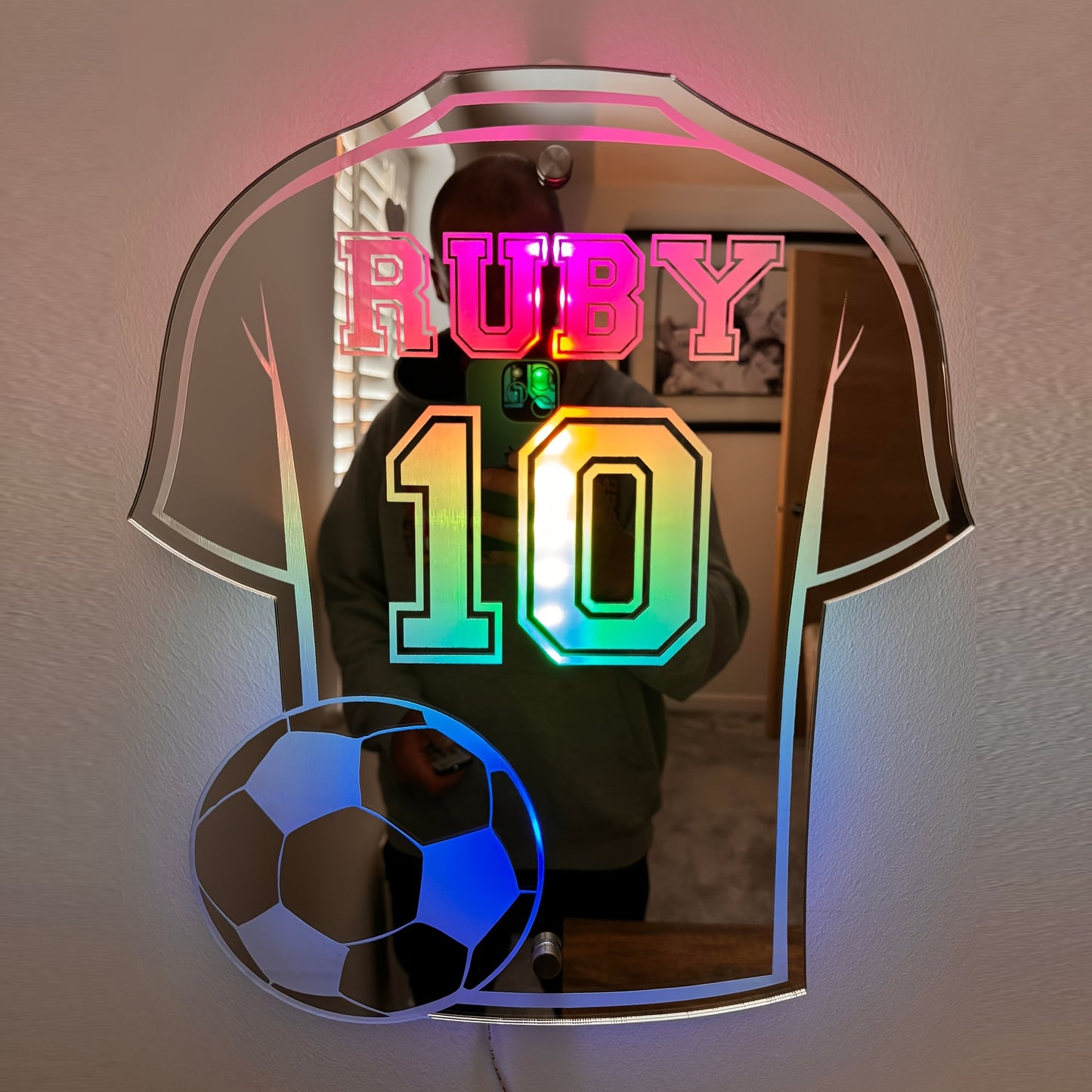 Personalized soccer fan LED wall light with custom name and jersey design, USB powered, multi-color neon night light for boys' room. Great gift for Christmas, Halloween, birthdays.