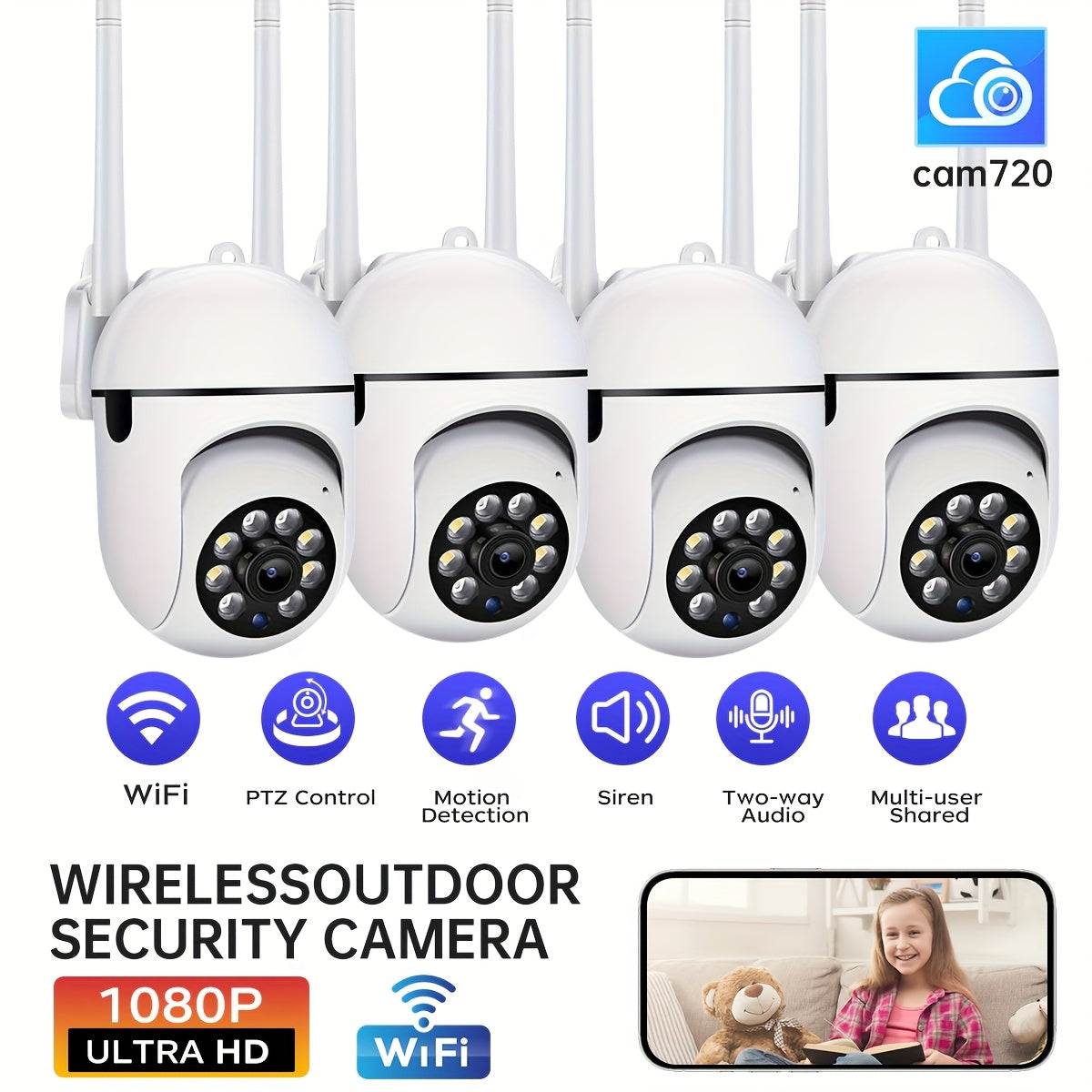 Indoor Use 1080P HD WiFi Security Camera Featuring Night Vision, Motion Detection, USB Power, App Control, 2-Way Audio, and PTZ Function