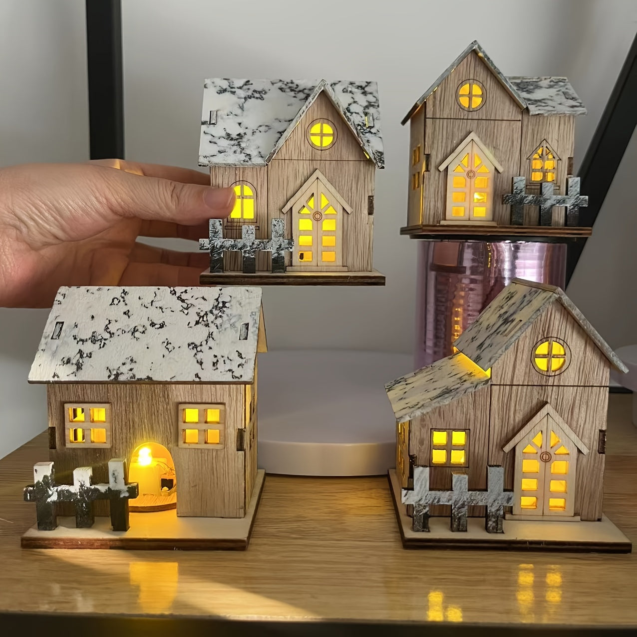 1pc Wooden House Ornaments for Christmas, Luminous LED Tabletop Decor