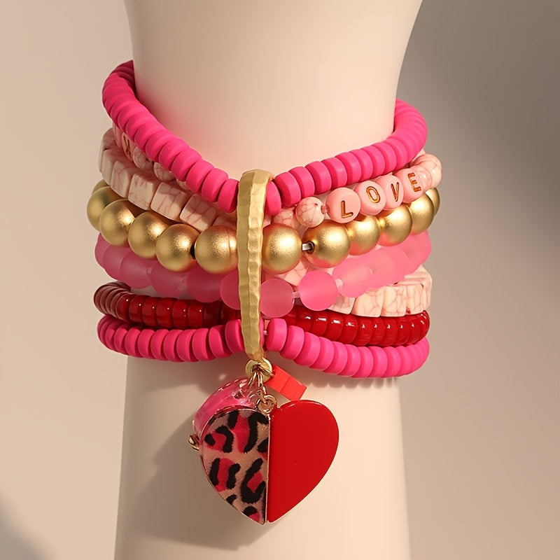 An elegant Bohemian pink Valentine's Day bracelet adorned with layers of beads, ideal for women's fashion wear on any occasion, be it everyday or festive.