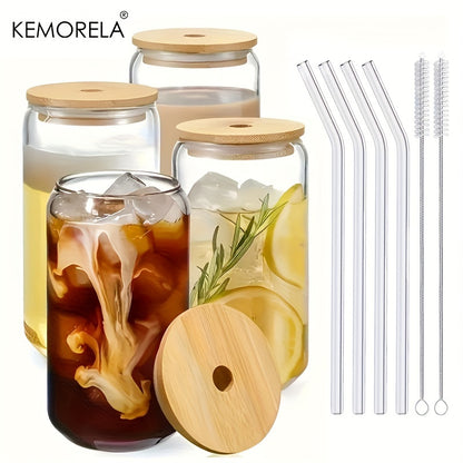 KEMORELA offers can-shaped drinking glasses with glass straws, available with or without a lid. These versatile cups are ideal for beer, iced coffee, whiskey, soda, tea, water, and more. Each set comes with cleaning brushes as a gift.