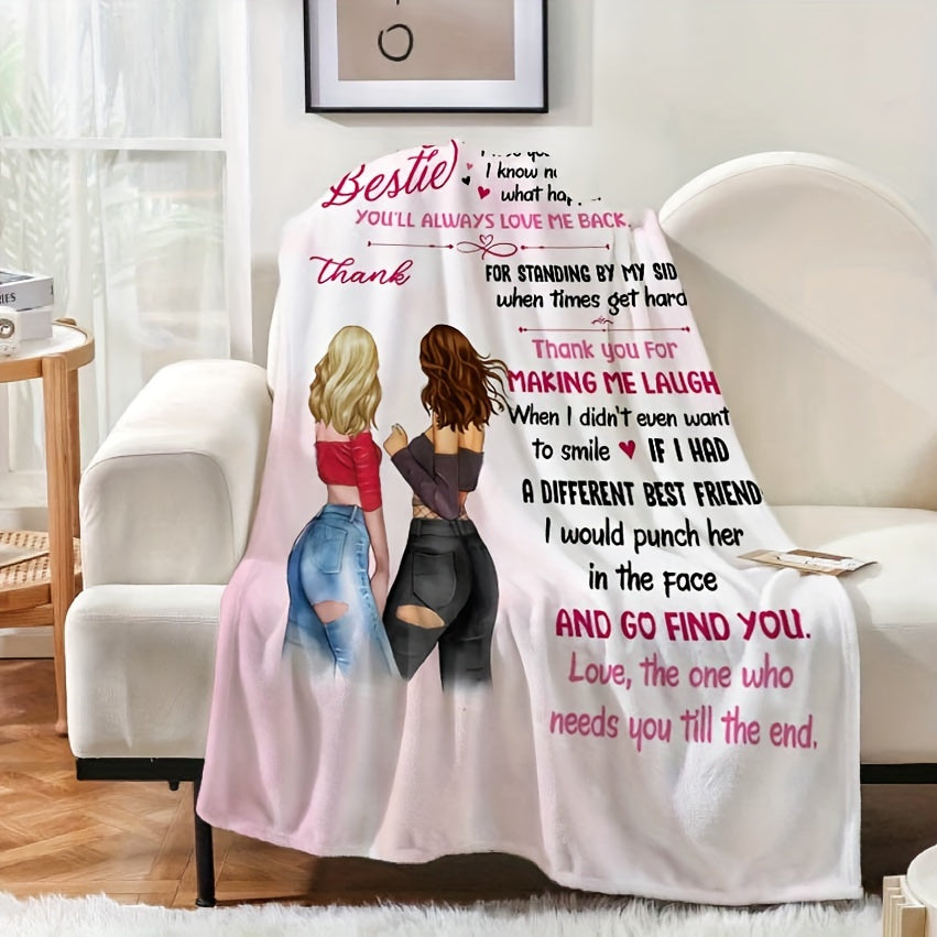 Soft Pink Flannel Bed Blanket with Contemporary Best Friend Theme - Digital Print, Reversible All Seasons Multipurpose Blanket for Machine Wash, Friendship Appreciation Design 'To My Bestie'. Soft Polyester Material for Knitted Bedroom Decor.