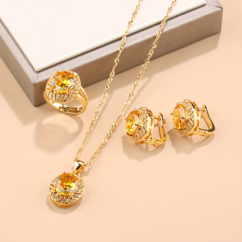 Sophisticated 4-Piece Jewelry Set - Featuring 18K Gold Plated Copper and Synthetic Zirconia Stones. Includes French-Style Necklace, Earrings, and Rings Combo perfect for Daily Wear or Weddings. Adorned with a Christmas Holiday Theme, this All-Season