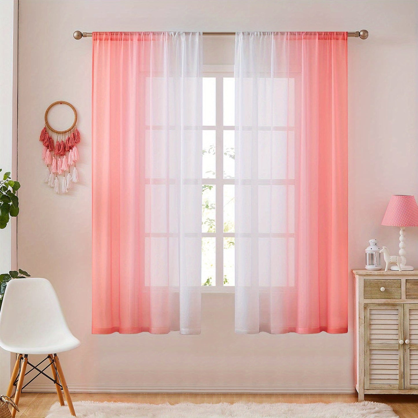 Two pieces of rod pocket curtains with a gradient style, made of transparent imitation linen material. These sheer curtains are perfect for adding a decorative touch to any bedroom, office, kitchen, living room, study, or home decor.