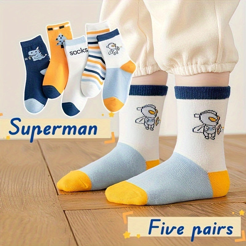 5 super cute superhero crew socks for kids made from cozy and skin-friendly polyester blend, featuring cartoon astronaut and striped designs, ideal for boys and girls during fall and winter.