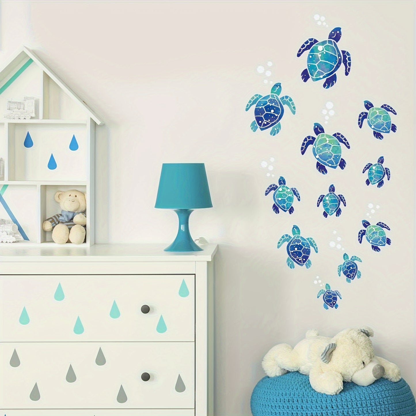 12 Undersea World Blue Sea Turtle Wall Decals, Ocean Vinyl Stickers for Bathroom, Waterproof Decoration for Home or Office.