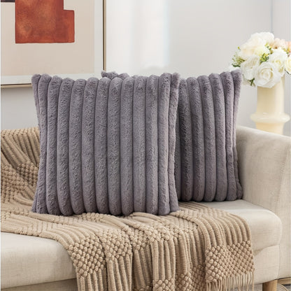 Luxurious faux fur striped pillow covers for sofa or couch - set of 2.