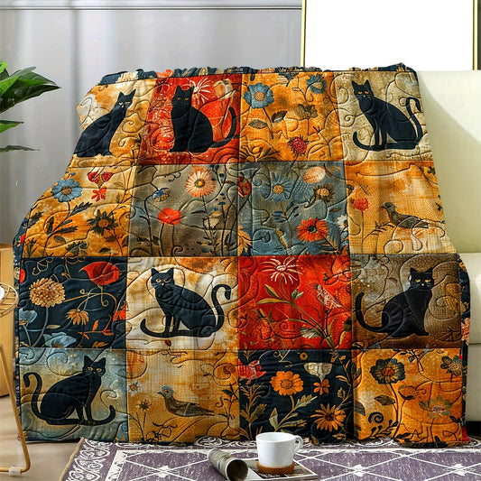 Vintage Cat and Floral Print Flannel Blanket - A Cozy, Soft, and Warm Patchwork Throw featuring Black Cats Design, perfect for Sofa, Bed, Car, Office, Camping, and Travel. An Ideal All-Season Gift in Multicolor.