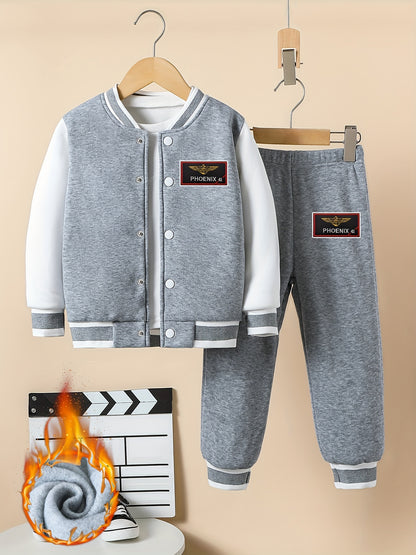 Boys' baseball uniform set with letter and phoenix splicing, featuring a long-sleeved jacket and warm sports trousers for versatile wear in spring, autumn, and winter.