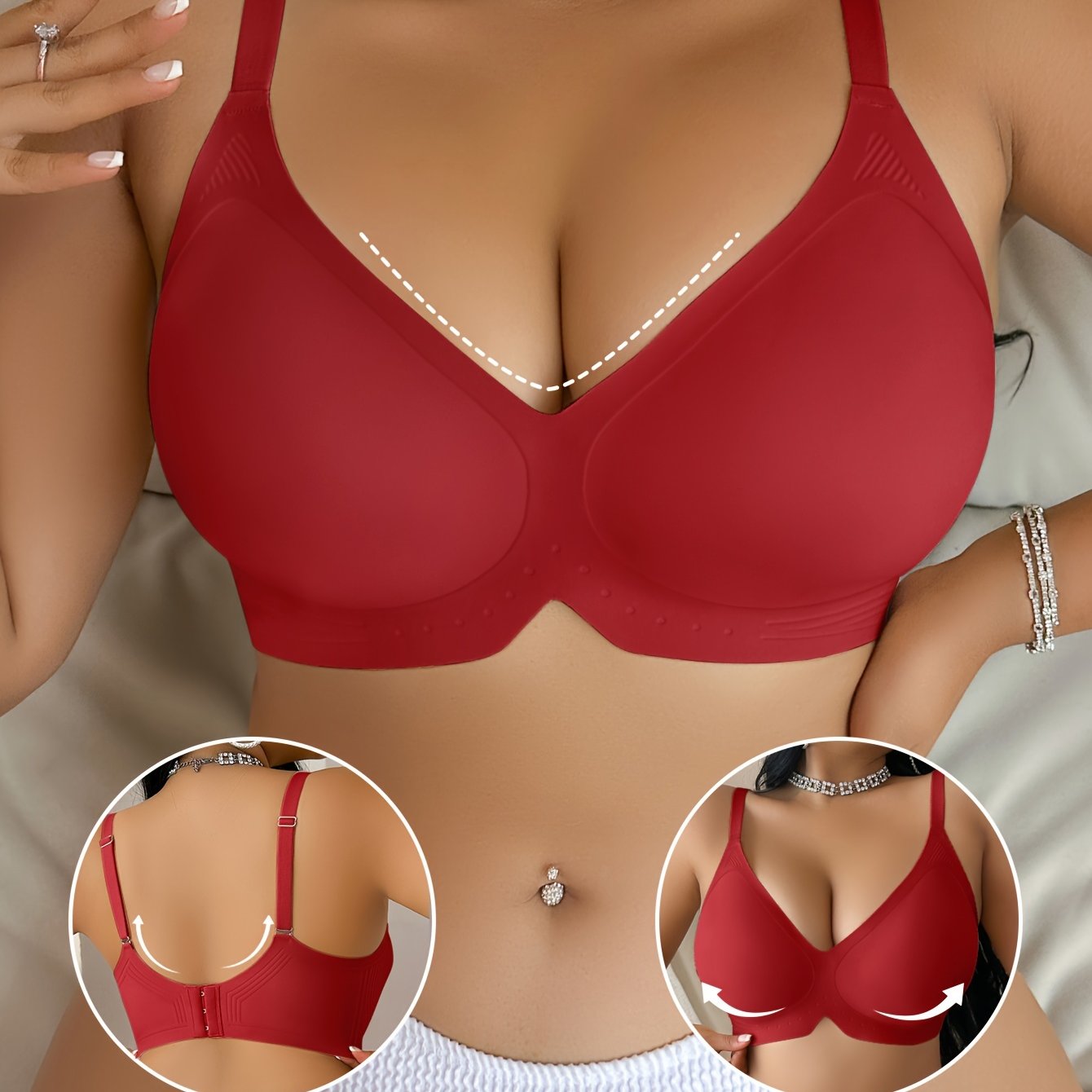 Plus size seamless bra with high elasticity, lift & gather, and anti-sagging features. Made with solid color knit fabric, 75% elastane and 25% elastane. Includes removable padding.