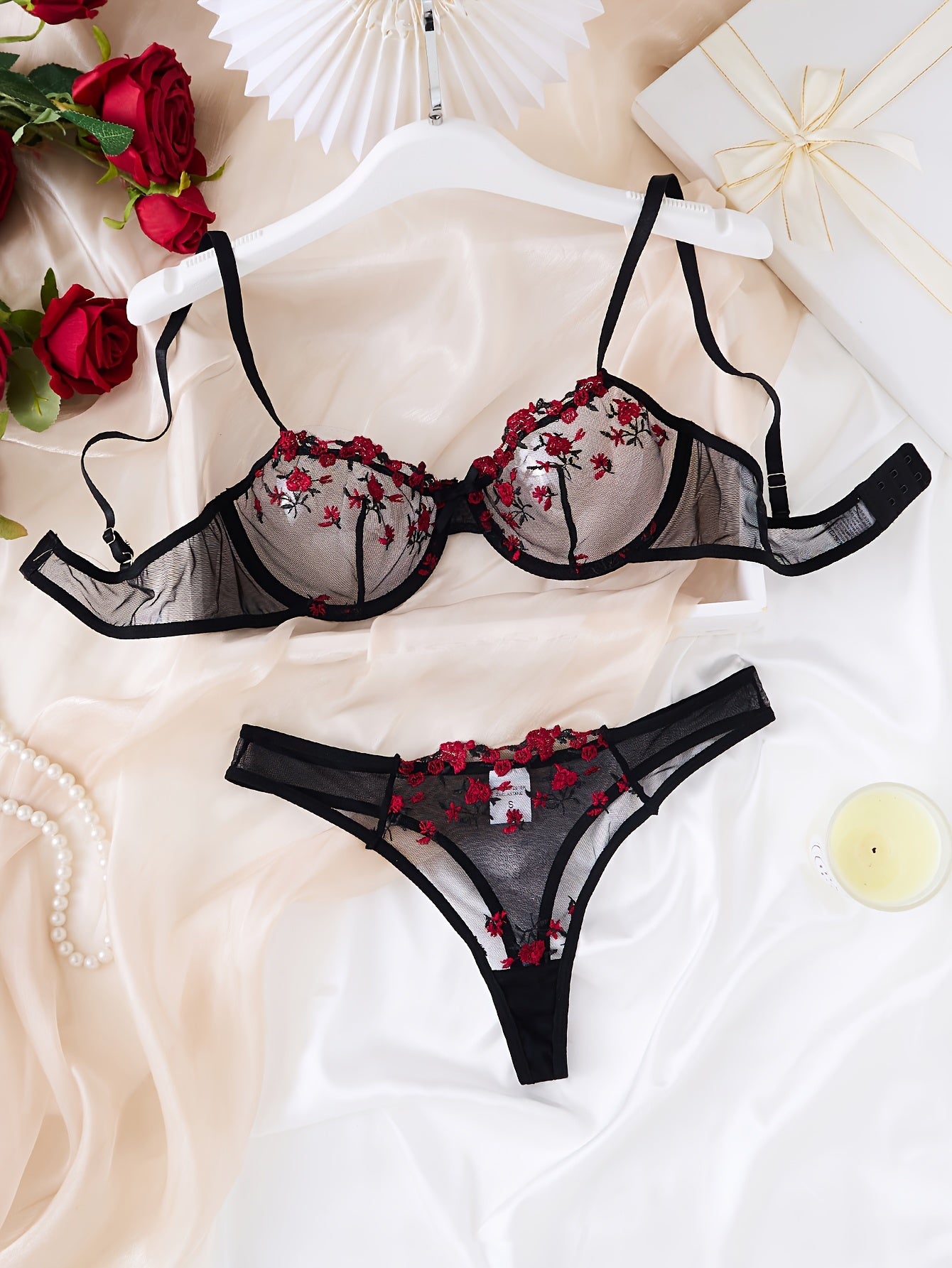 Floral Embroidered Mesh Cami Bra & Thong Set, Women's Sexy Lingerie