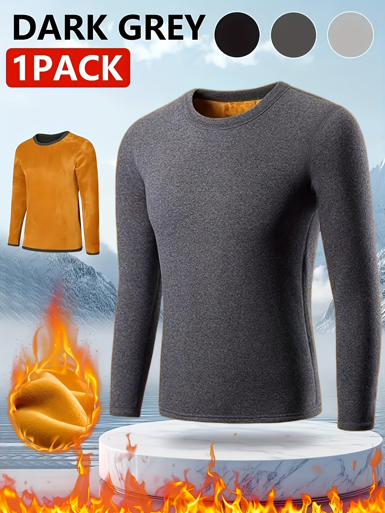 Men's Winter Warmth Top in golden velvet, slim fit with crew neck. Ideal for outdoor activities like cycling and hiking. Made of 95% polyester and 5% spandex with medium stretch knit