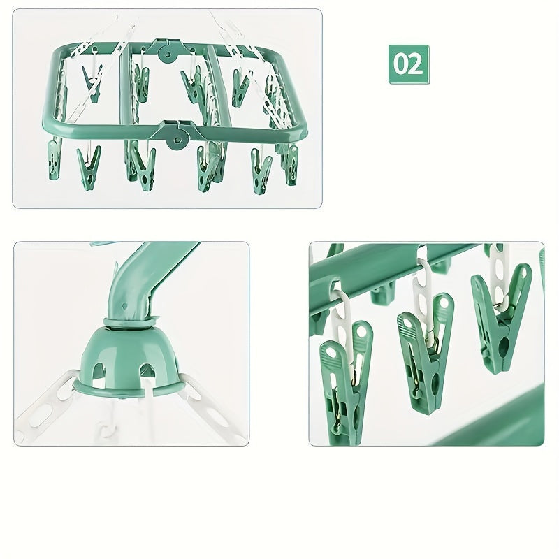 This durable foldable hanger features a large capacity with 32 clips, making it perfect for storing socks and underwear in the bathroom, bedroom, closet, or wardrobe. Available in pink, blue, and green, this plastic hanger is a convenient solution for