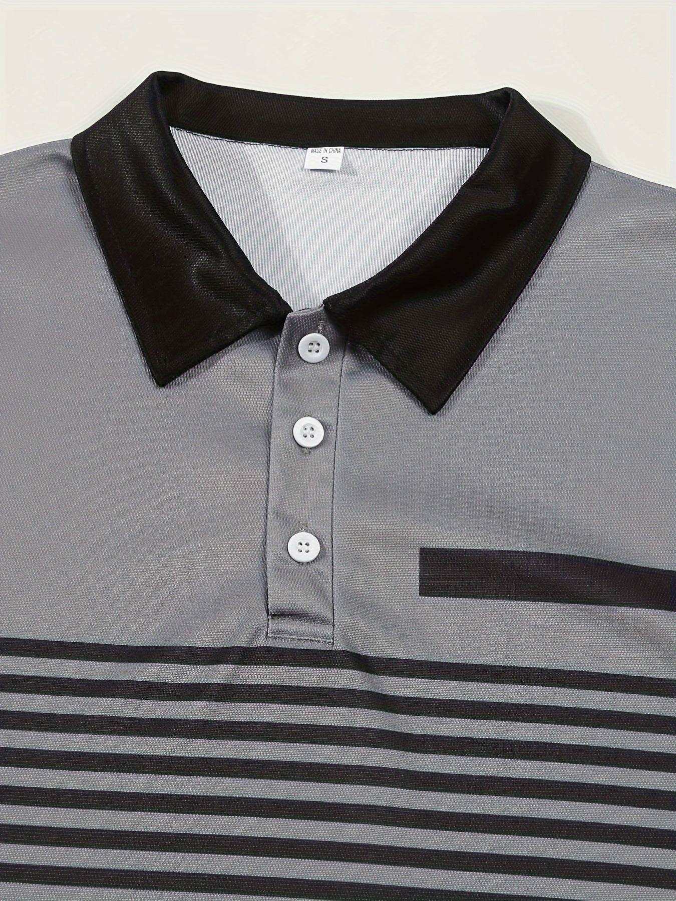 Men's color blocked long sleeve lapel golf shirts with a striped pattern print, perfect for spring and fall, featuring a casual style, slight stretch, and regular fit.