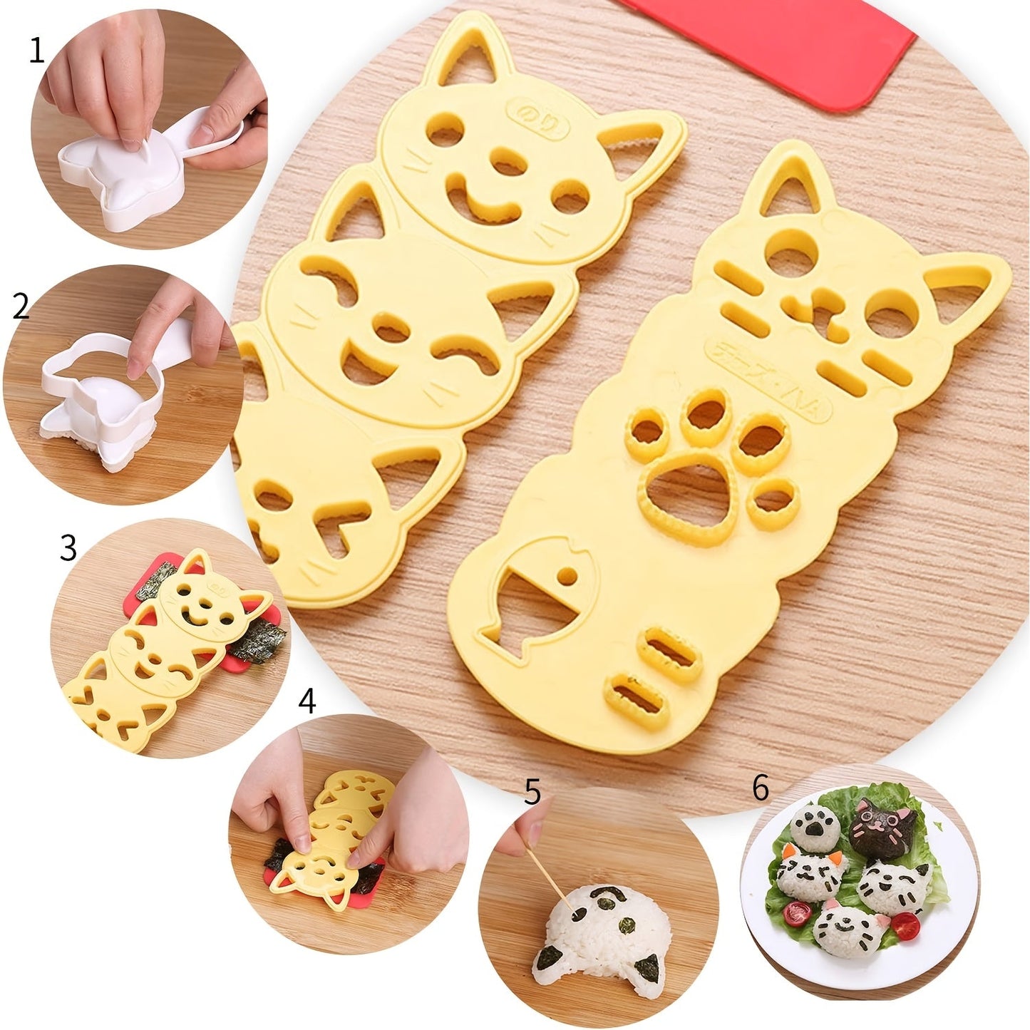 Set of 4 adorable cat-shaped molds for creating small rice balls, perfect for making cute cat-patterned sushi and bento. This kitchen tool is ideal for family gatherings and includes a nori punch knife for added versatility.