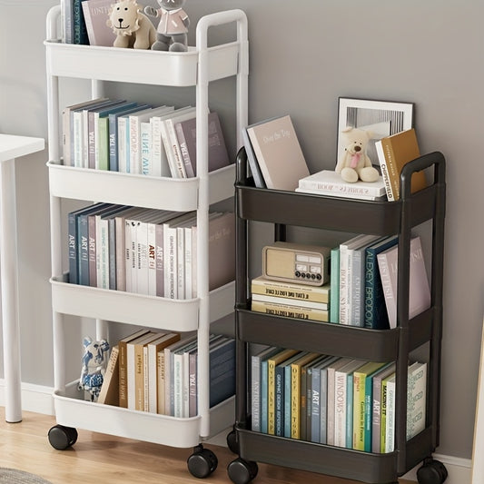 Multifunctional storage cart with wheels for dry and wet use in bedrooms, kitchens, and living rooms. Available in black and white, with two size options.