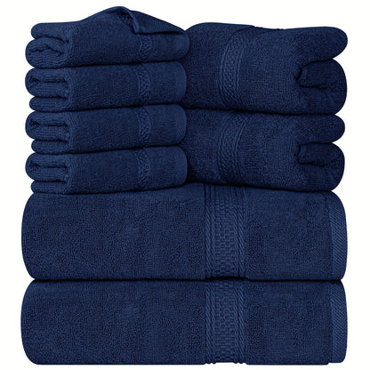 8-piece superior towel set made of ring spun cotton includes 2 bath towels, 2 hand towels, and 4 wash cloths in multicolor, perfect for bathroom, gym, hotel, and spa use.