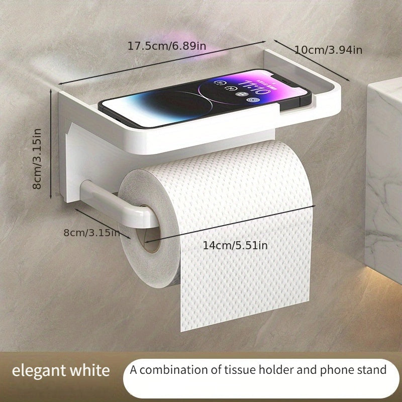 Wall-mounted toilet paper holder with phone stand, no drilling required. Organizes bathroom essentials with polished finish.