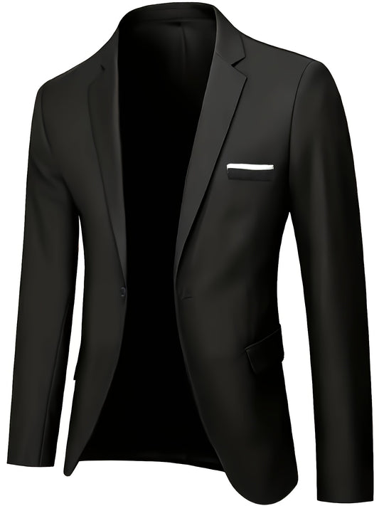 One-button men's casual blazer with flap pockets, ideal for business wear in plus size.