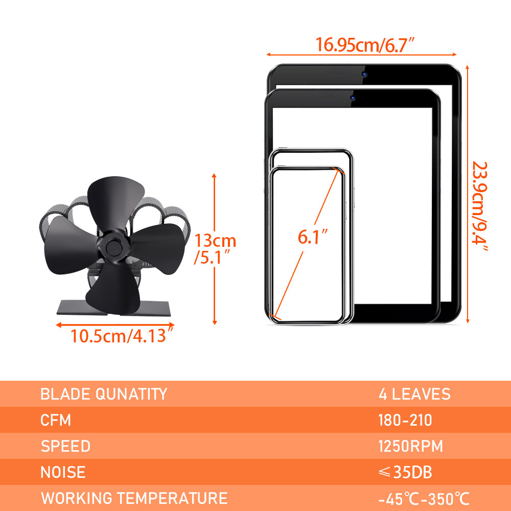 The EcoPulse Heat-Powered Mini Stove Fan is a 4-blade log wood burner exhaust fan made of metal. It is portable and designed for efficient heat distribution without the need for electricity. This fan operates quietly and helps circulate air effectively.