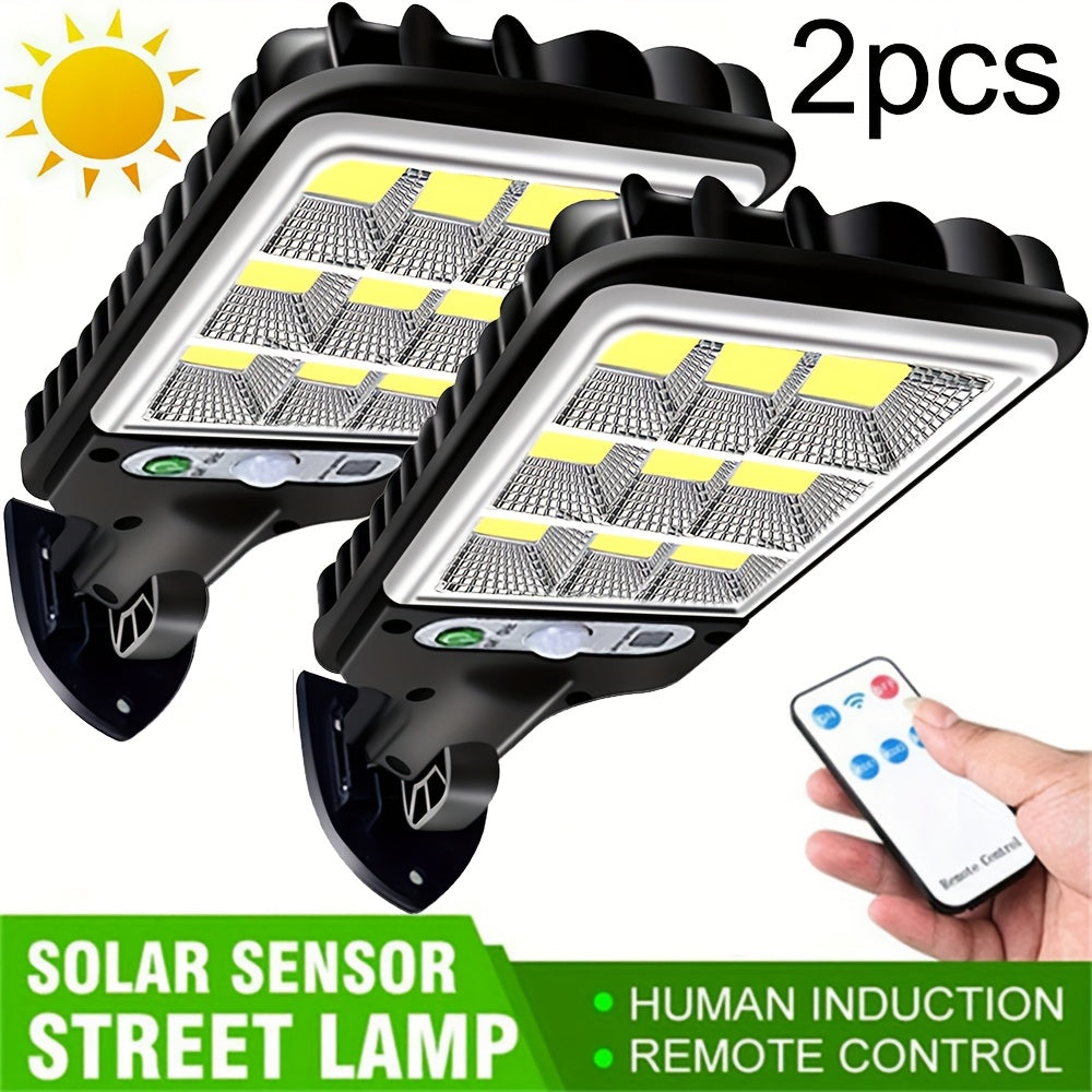 Solar powered LED street lights with motion sensor, remote control, and human induction. Comes with plastic lamp shade, lithium battery, and infrared sensor function for outdoor use.