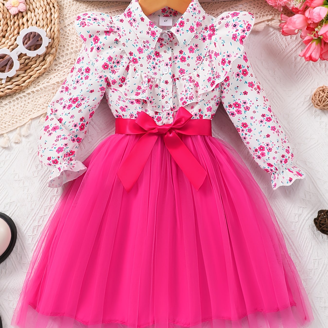 Girls' long sleeve dress with floral ruffle detail, perfect for fall and winter holidays and outdoor activities.