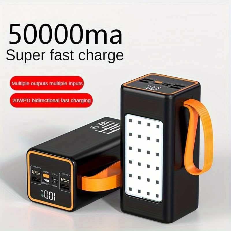 Portable power bank with 66W super fast charging, 30000mAh or 50000mAh capacity for outdoor use.